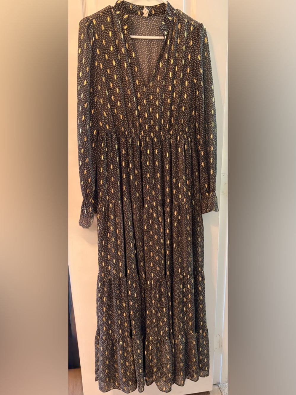 Elan Black Maxi Dress with Gold Leaf Print
